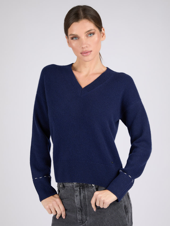 Women V-Neck Cashmere Sweater with Hand stitched detail on the back #BLUE