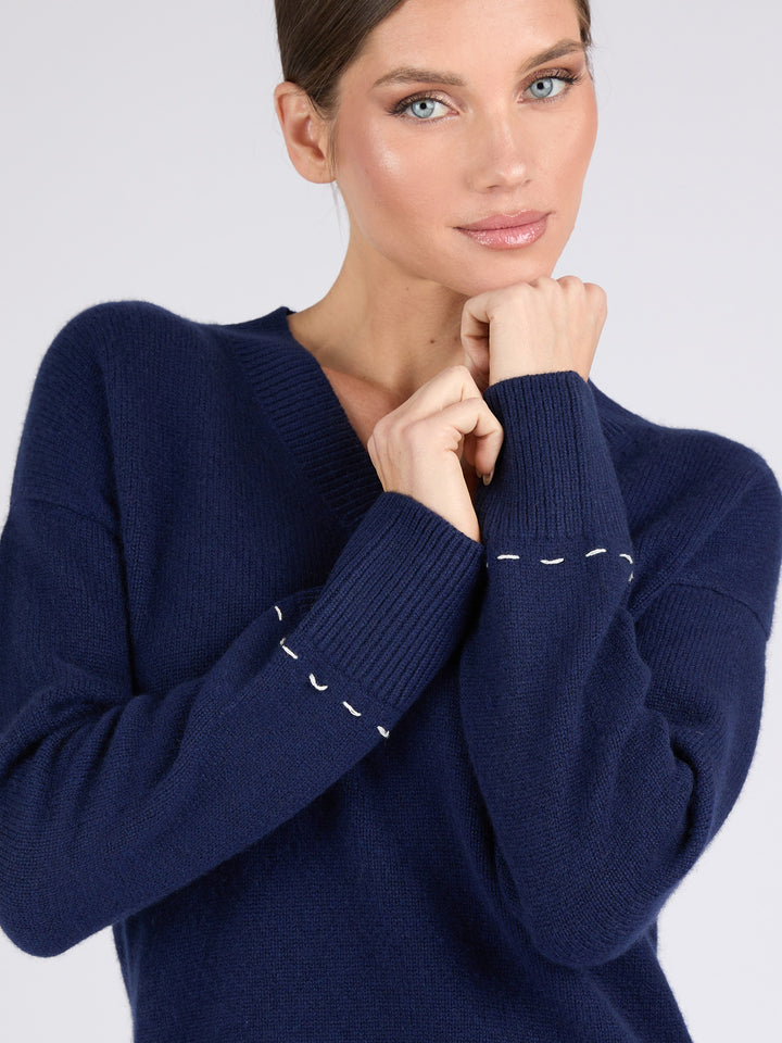 Women V-Neck Cashmere Sweater with Hand stitched detail on the back #BLUE