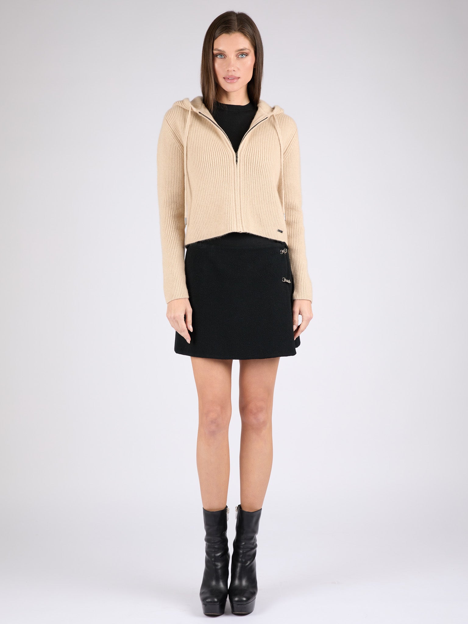 Women Ribbed Cashmere Hoodie Zip-Up