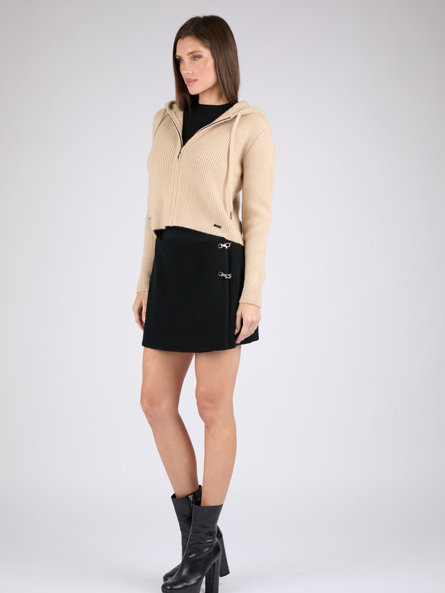 Women Ribbed Cashmere Hoodie Zip-Up