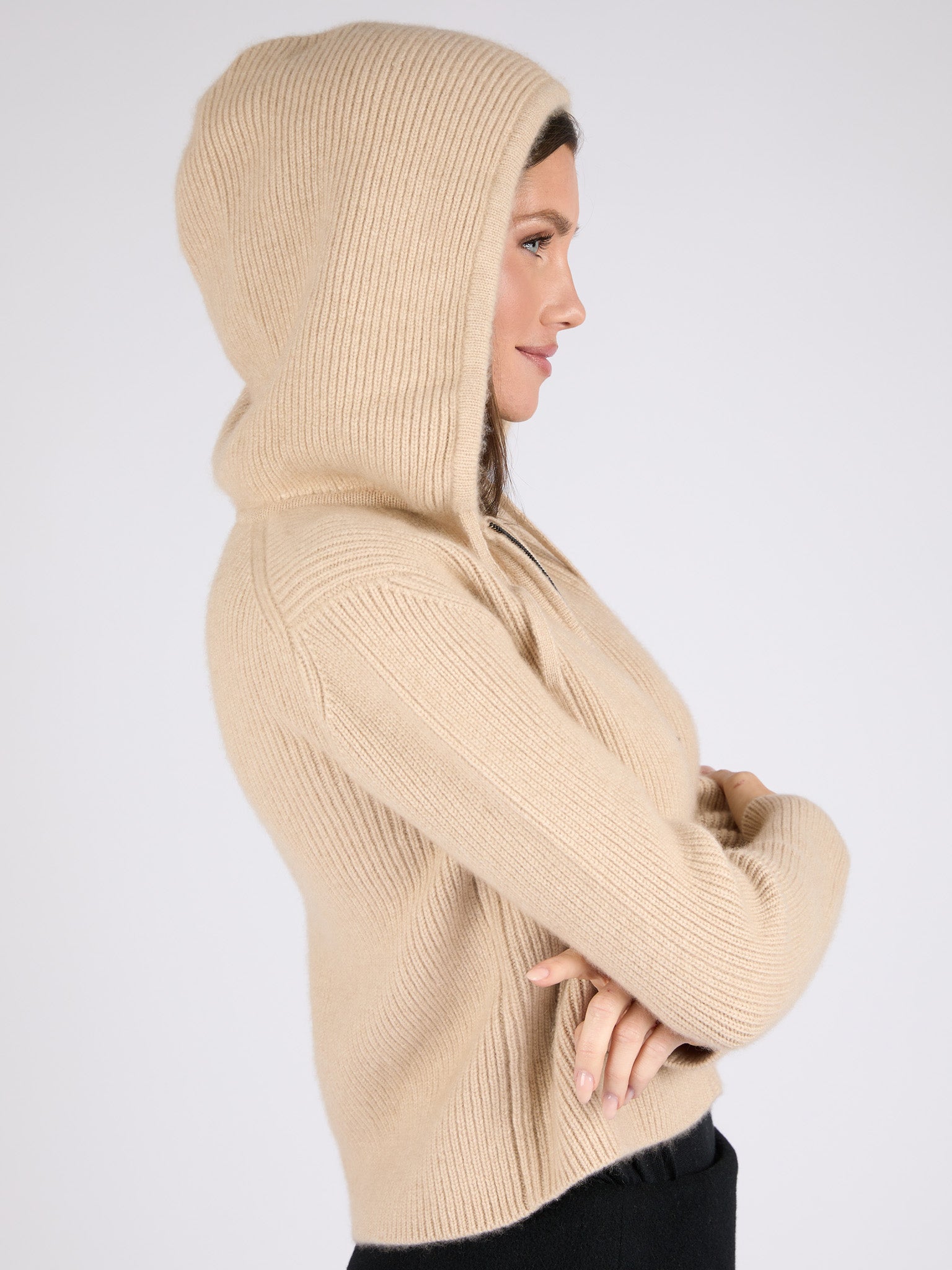Women Ribbed Cashmere Hoodie Zip-Up