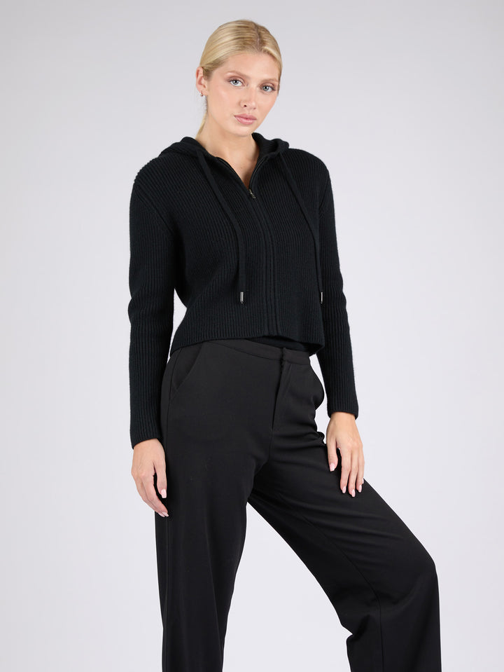 Women Ribbed Cashmere Hoodie Zip-Up #BLACK