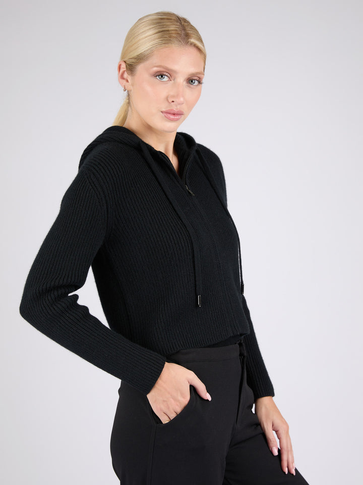 Women Ribbed Cashmere Hoodie Zip-Up #BLACK