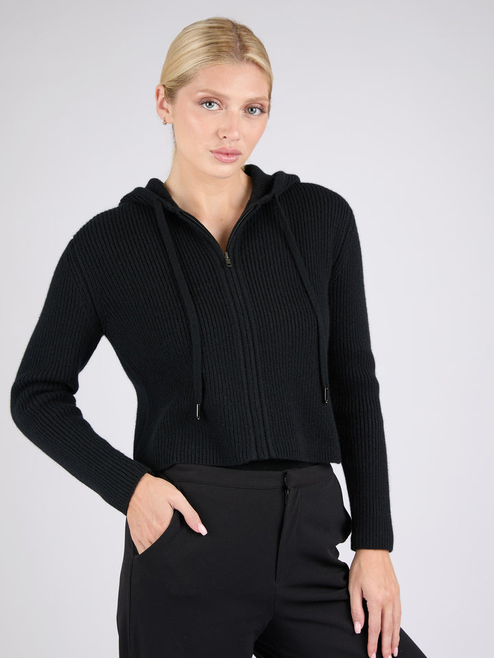 Women Ribbed Cashmere Hoodie Zip-Up #BLACK