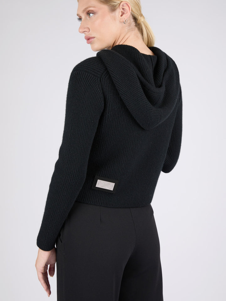 Women Ribbed Cashmere Hoodie Zip-Up #BLACK