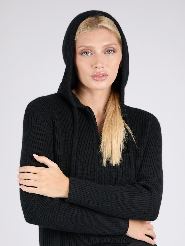 Women Ribbed Cashmere Hoodie Zip-Up #BLACK