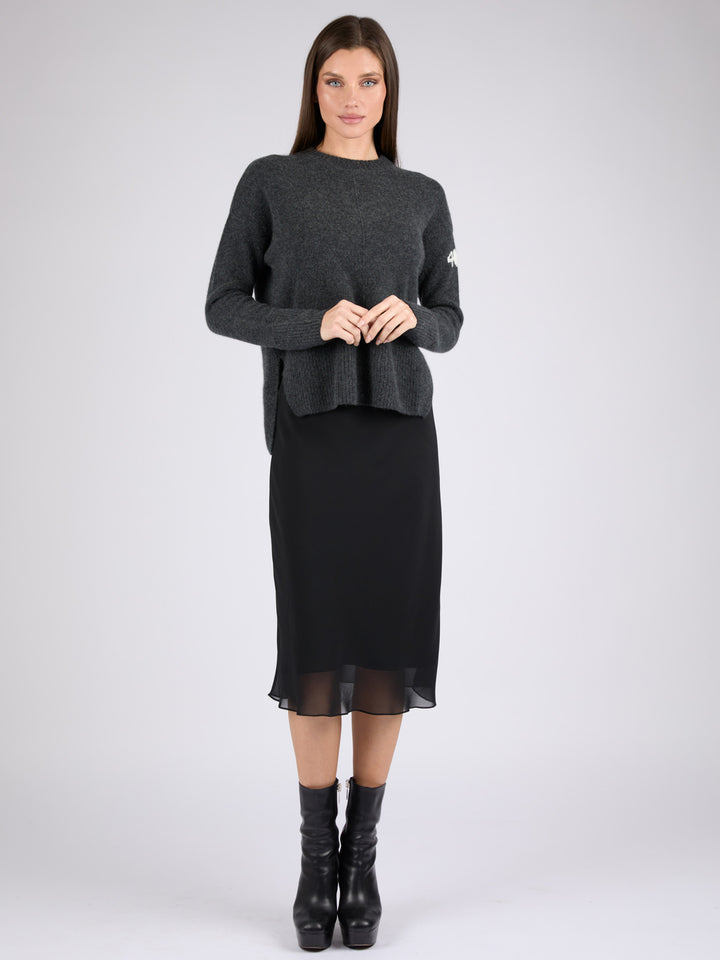 Women Cashmere Crewneck with High/Low hem #CHARCOAL