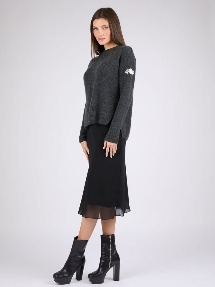 Women Cashmere Crewneck with High/Low hem #CHARCOAL