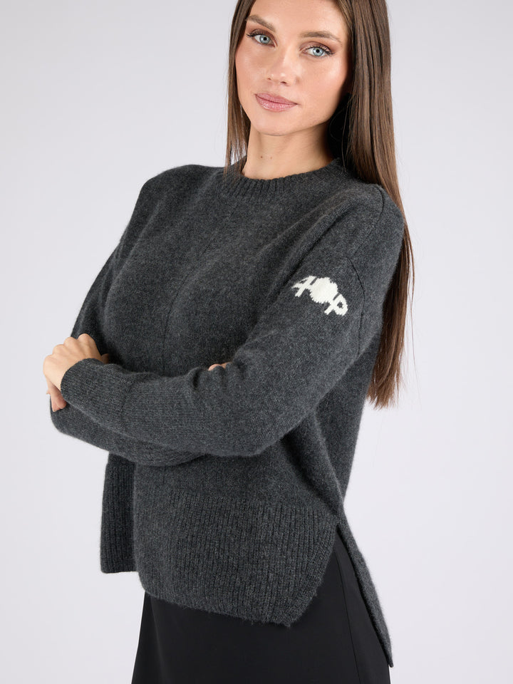 Women Cashmere Crewneck with High/Low hem #CHARCOAL