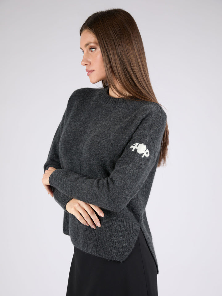 Women Cashmere Crewneck with High/Low hem #CHARCOAL