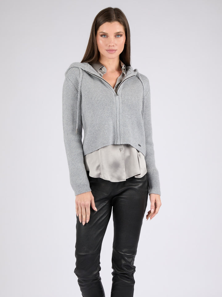 Women Ribbed Cashmere Hoodie Zip-Up #SOFT GREY