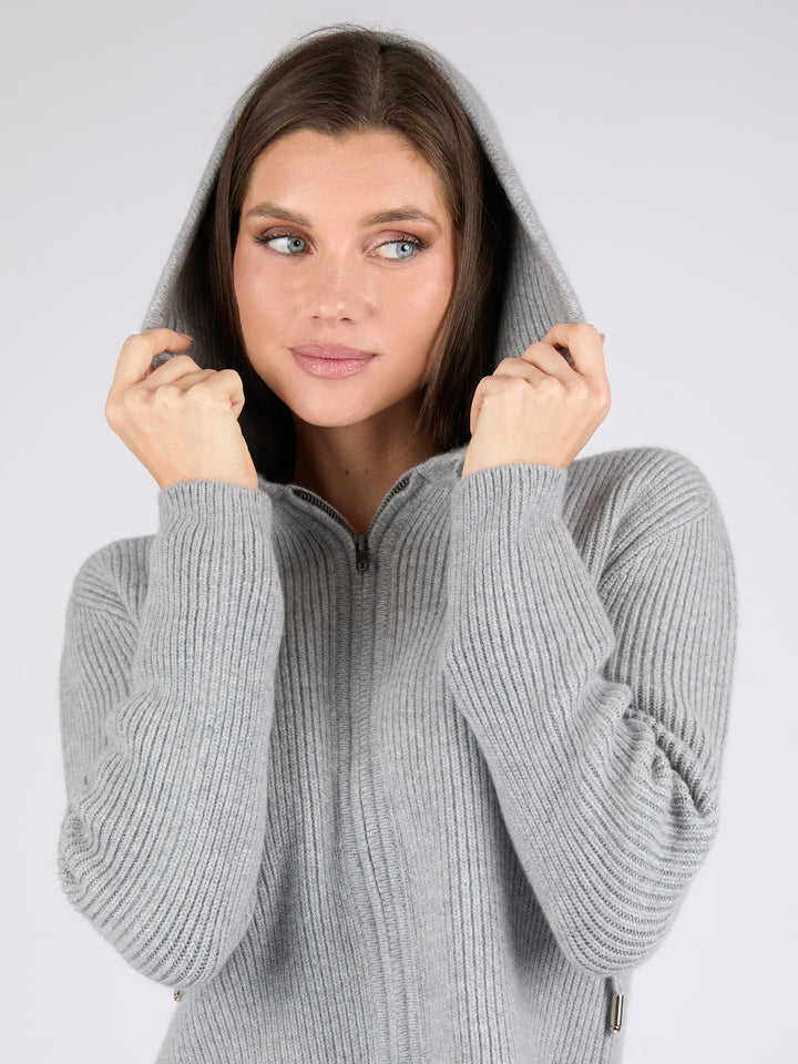 Women Ribbed Cashmere Hoodie Zip-Up #SOFT GREY