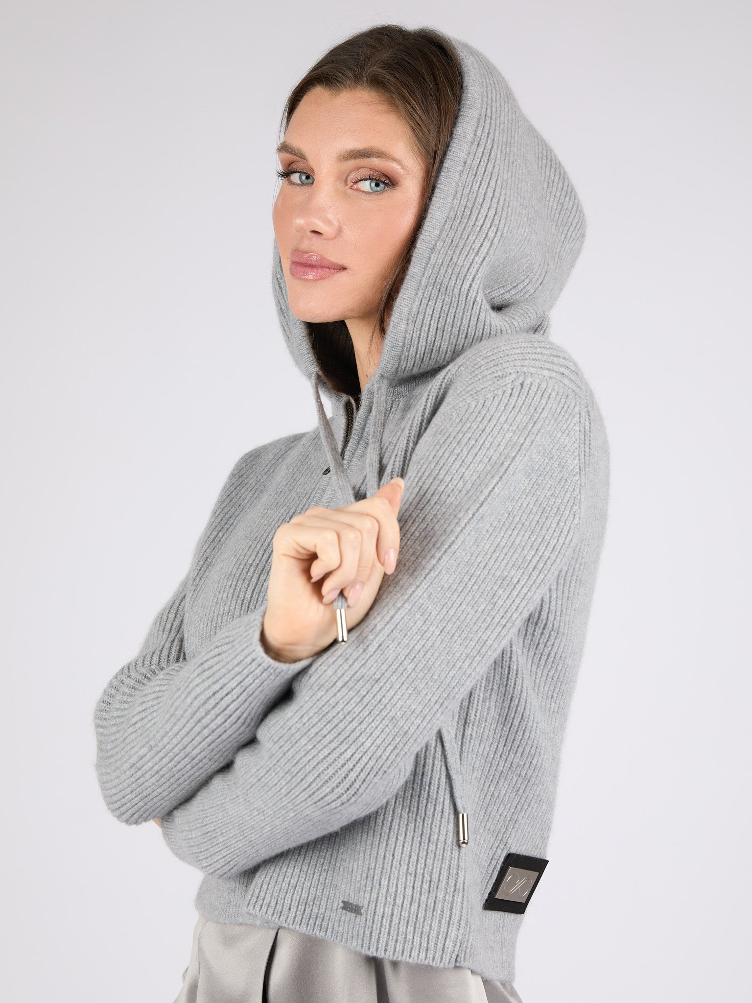 Women Ribbed Cashmere Hoodie Zip-Up