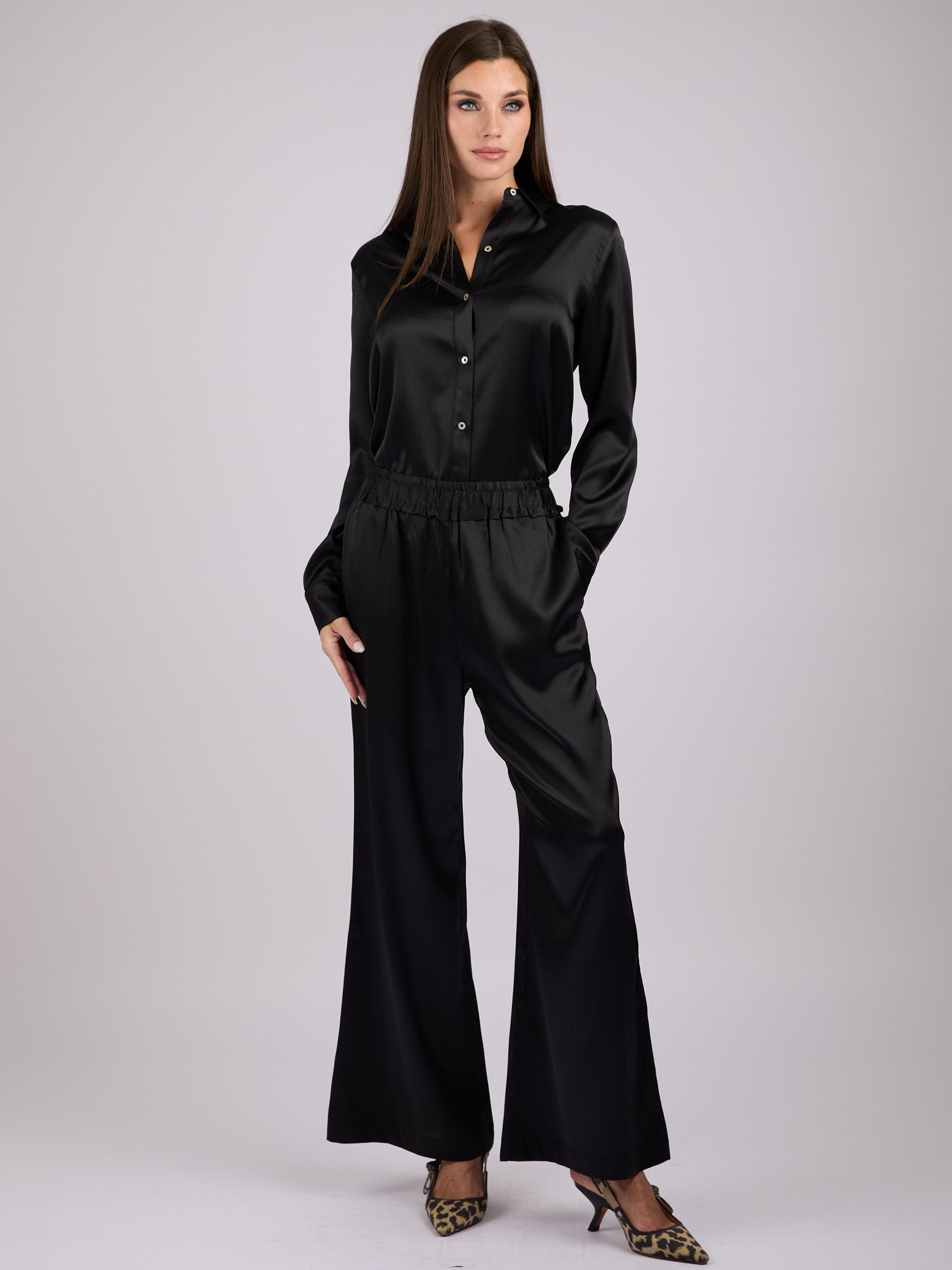 Wide legs Silk Charmeuse pants #BLACK