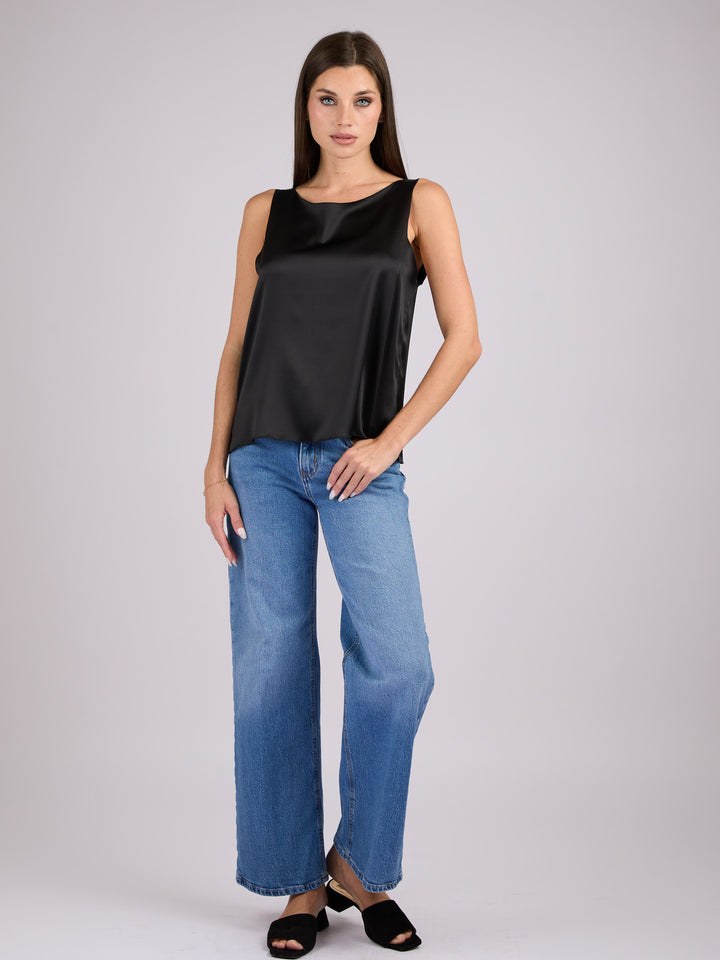 Sleeveless Silk Charmeuse top with round neck #BLACK
