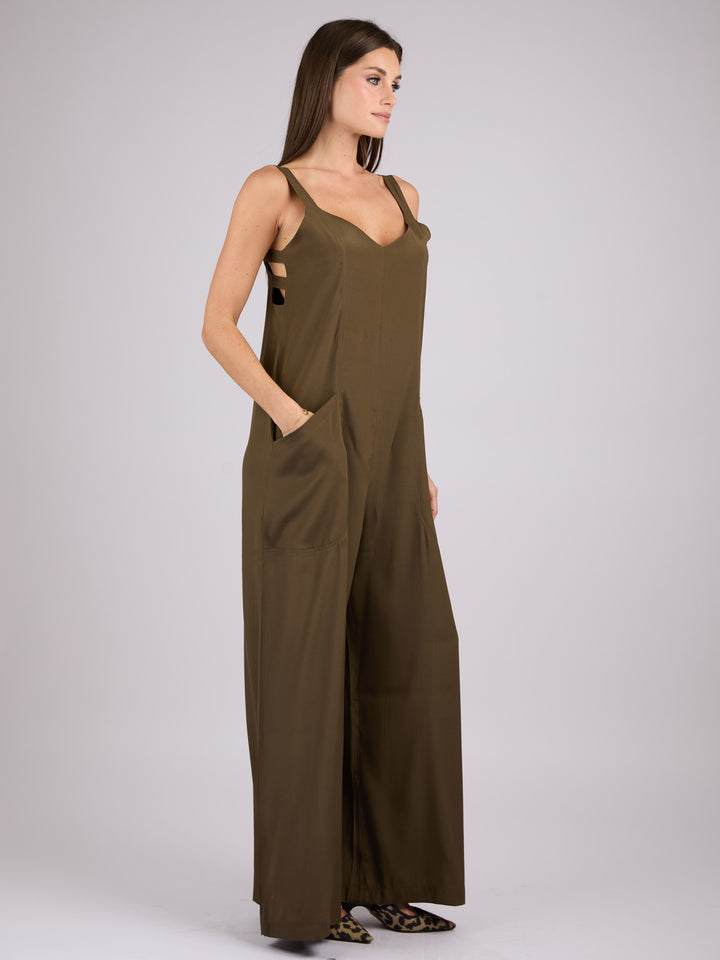 Silk sleeveless jumpsuit with wide legs and side pockets #MOSS