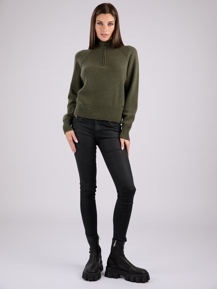 Cashmere cropped half-zip knit sweater with a ribbed mock neck, cuffs, and hem #MOSS