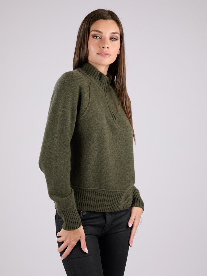 Cashmere cropped half-zip knit sweater with a ribbed mock neck, cuffs, and hem #MOSS