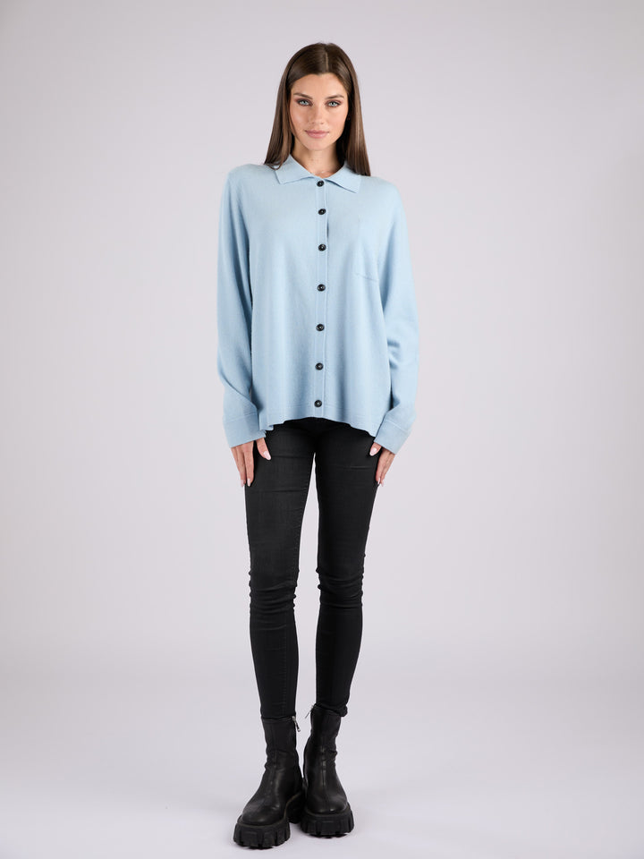 Cashmere button-up shirt with patch pocket and collar #SKY