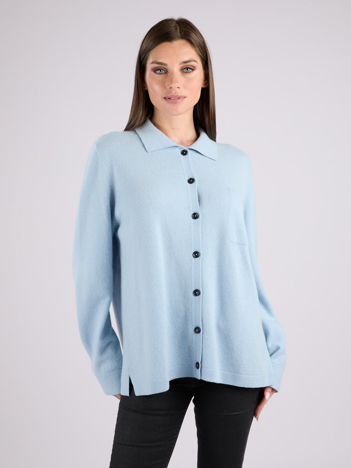 Cashmere button-up shirt with patch pocket and collar #SKY