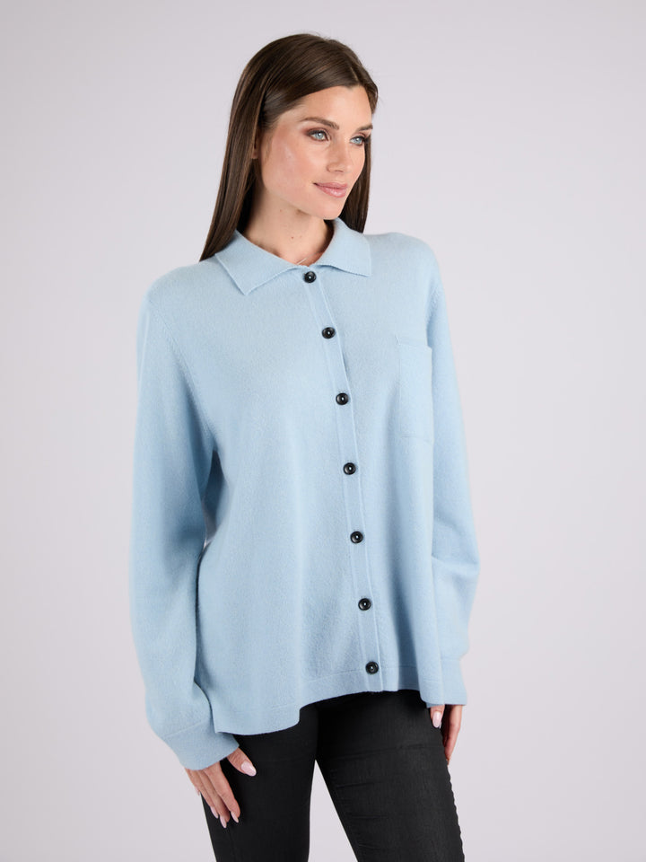 Cashmere button-up shirt with patch pocket and collar #SKY