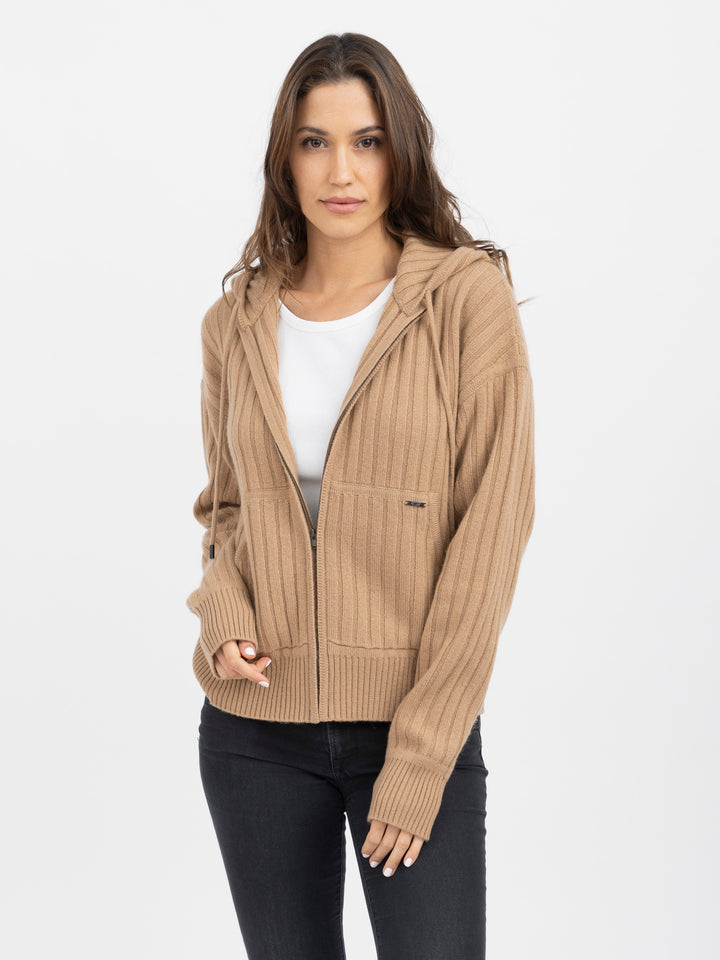 Cashmere Zip-Up Hoodie Cardigan #CAMEL