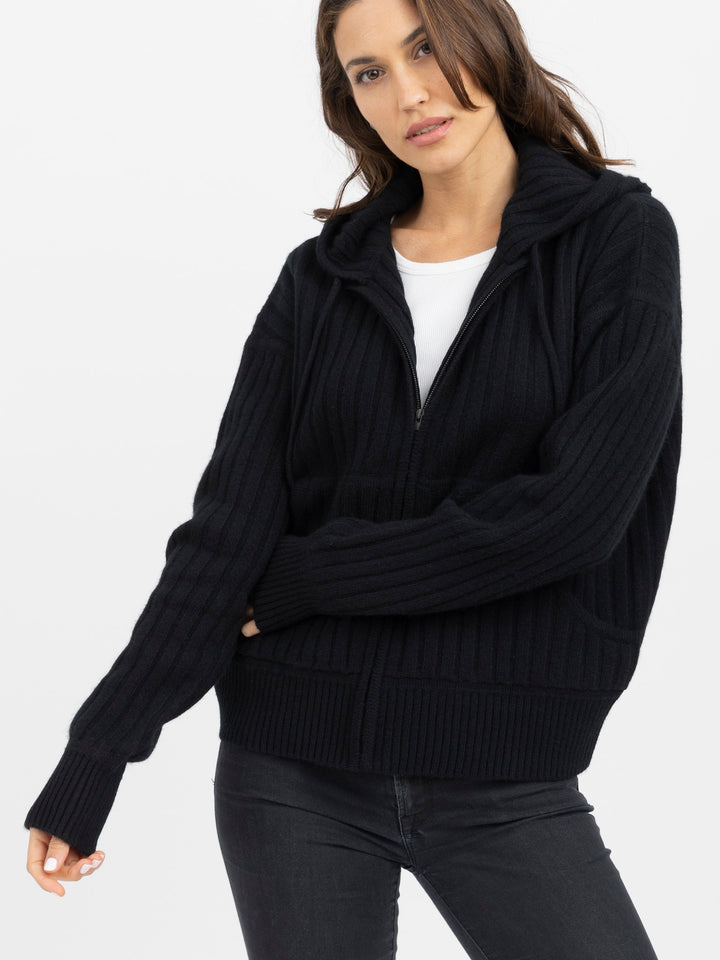 Cashmere Zip-Up Hoodie Cardigan #BLACK