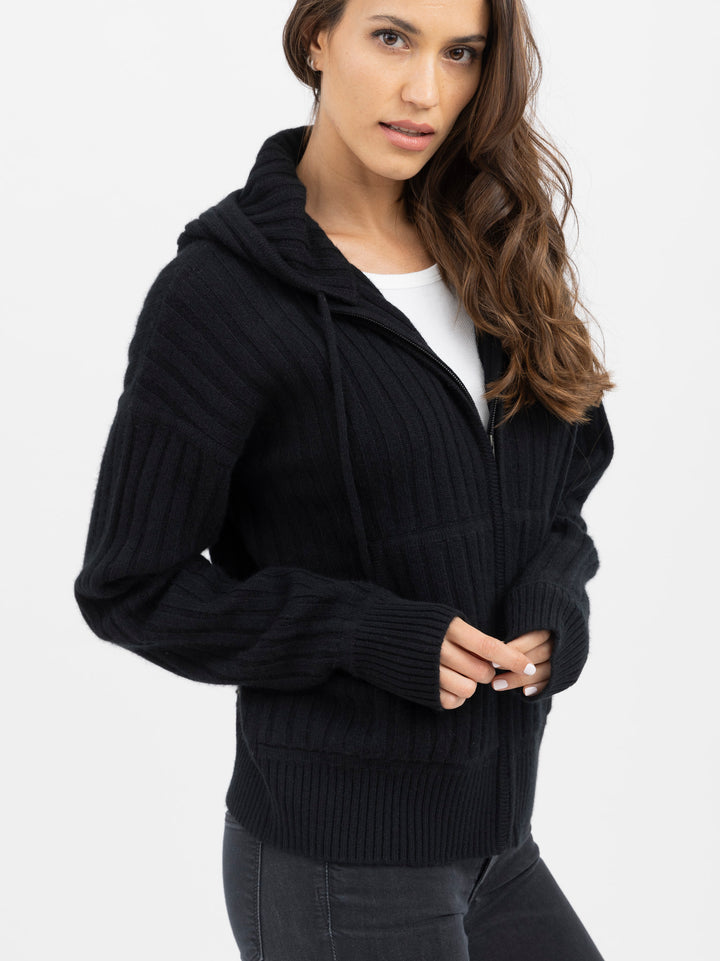Cashmere Zip-Up Hoodie Cardigan #BLACK