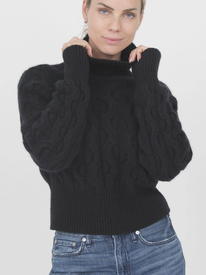 Cashmere Cable Slightly Cropped Turtleneck #BLACK