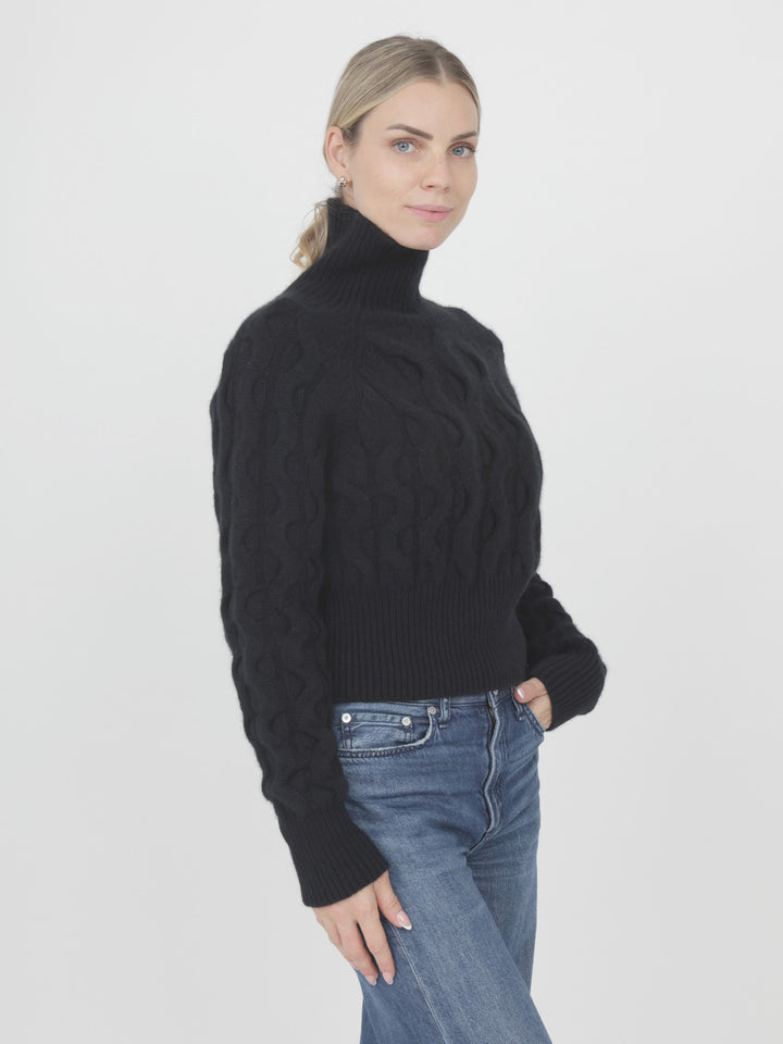 Cashmere Cable Slightly Cropped Turtleneck #BLACK