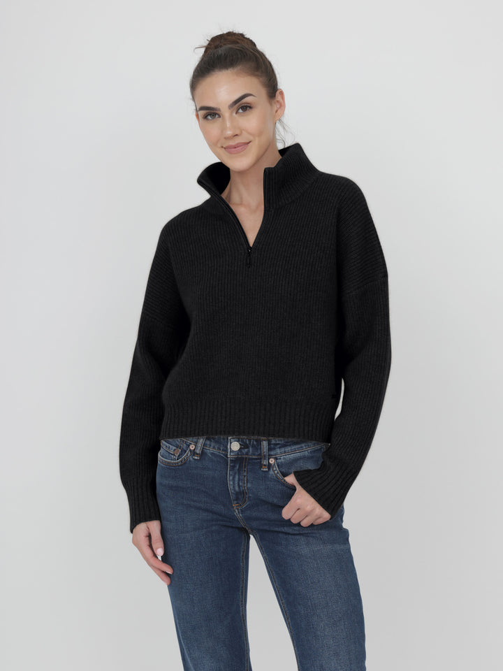 Ribbed Cashmere Quarter Zip #BLACK