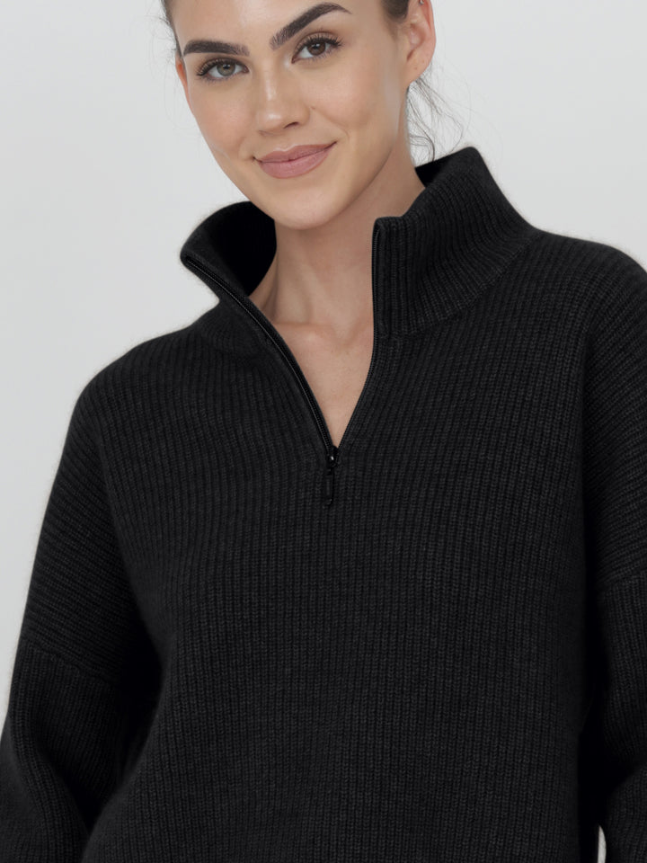 Ribbed Cashmere Quarter Zip #BLACK