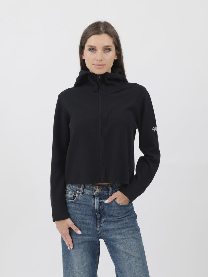 Cashmere Hooded Zip-Up Cardigan #BLACK