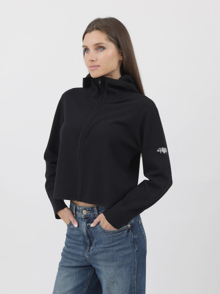 Cashmere Hooded Zip-Up Cardigan #BLACK