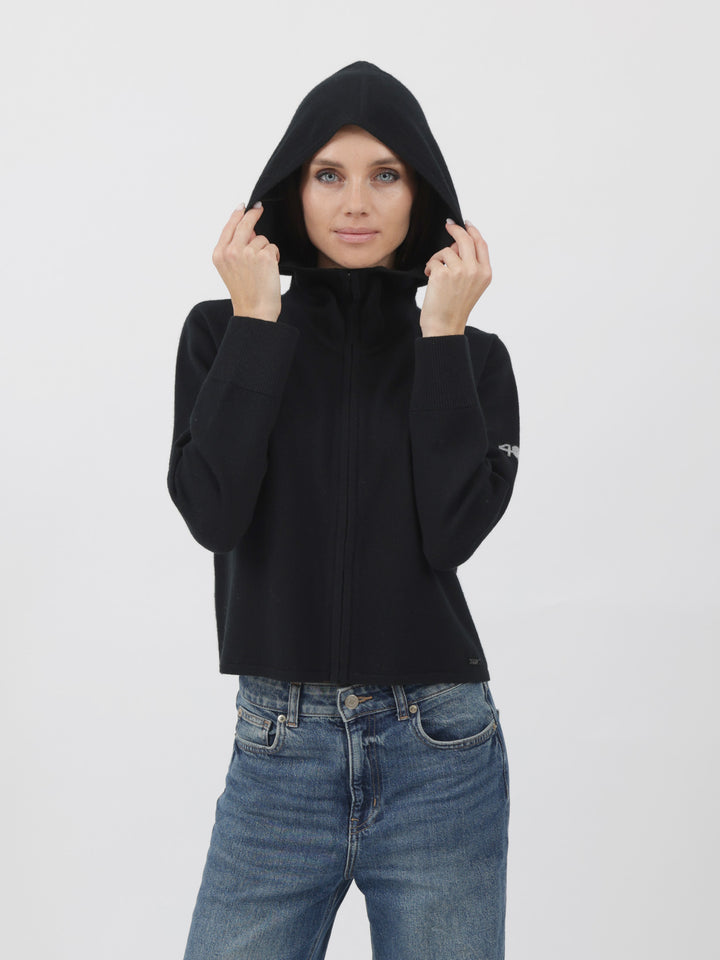 Cashmere Hooded Zip-Up Cardigan #BLACK