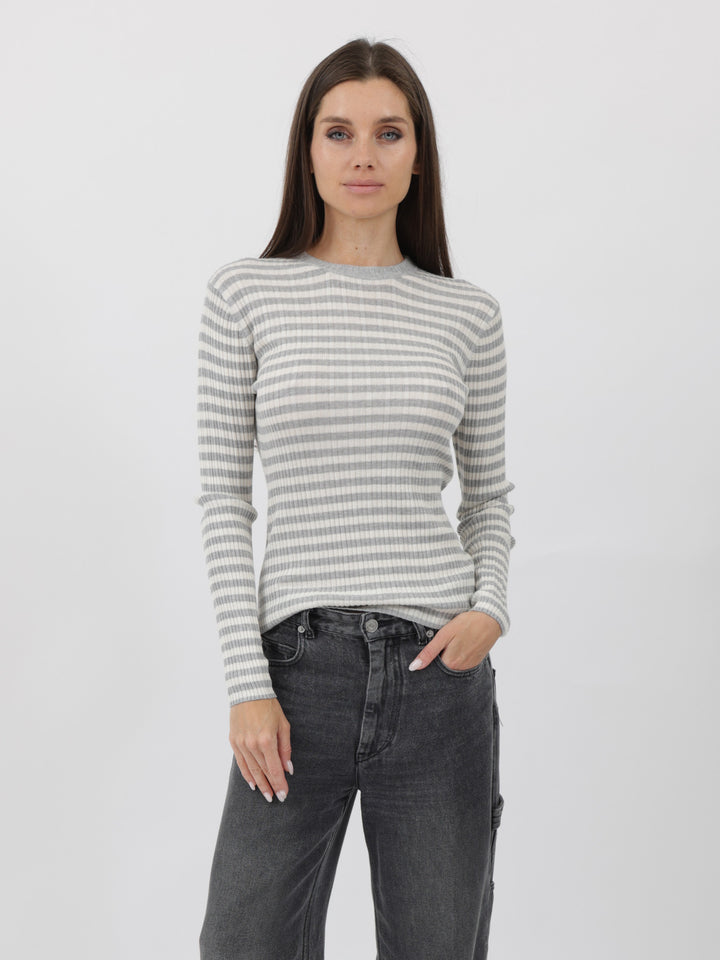 Striped and ribbed Silk/Cashmere crewneck light weight sweater #SOFT GREY