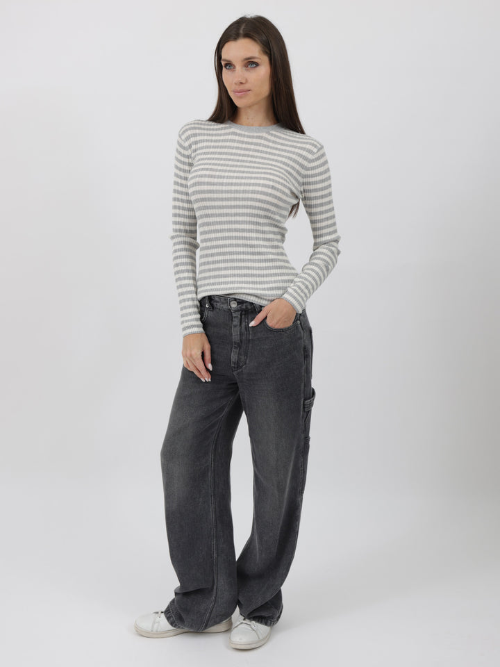 Striped and ribbed Silk/Cashmere crewneck light weight sweater  #SOFT GREY