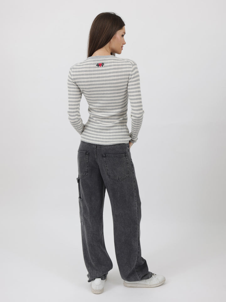 Striped and ribbed Silk/Cashmere crewneck light weight sweater  #SOFT GREY