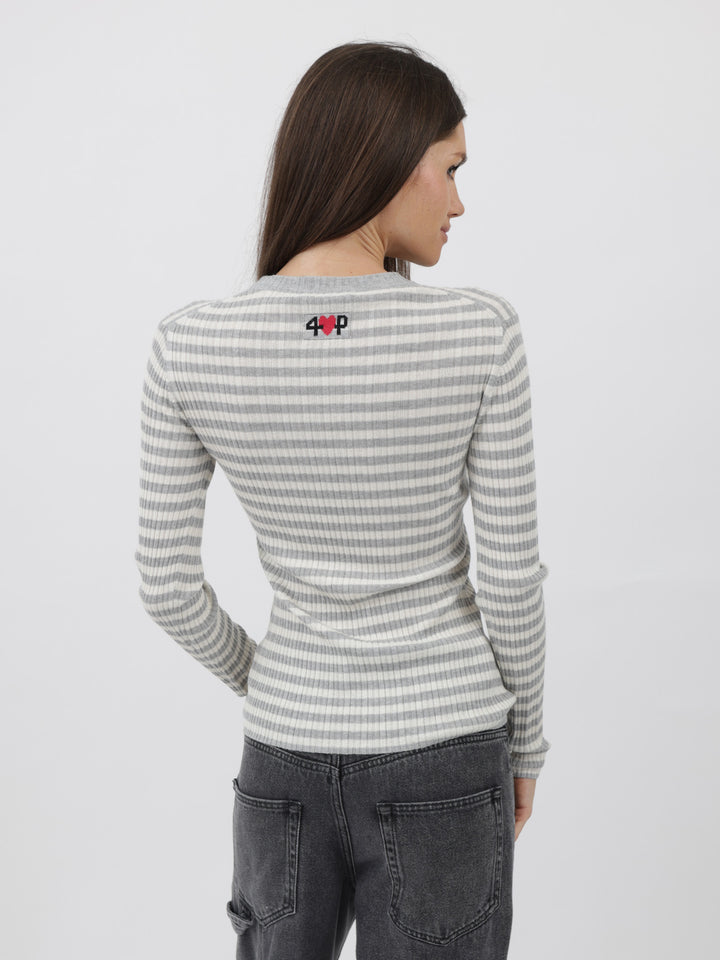 Striped and ribbed Silk/Cashmere crewneck light weight sweater  #SOFT GREY