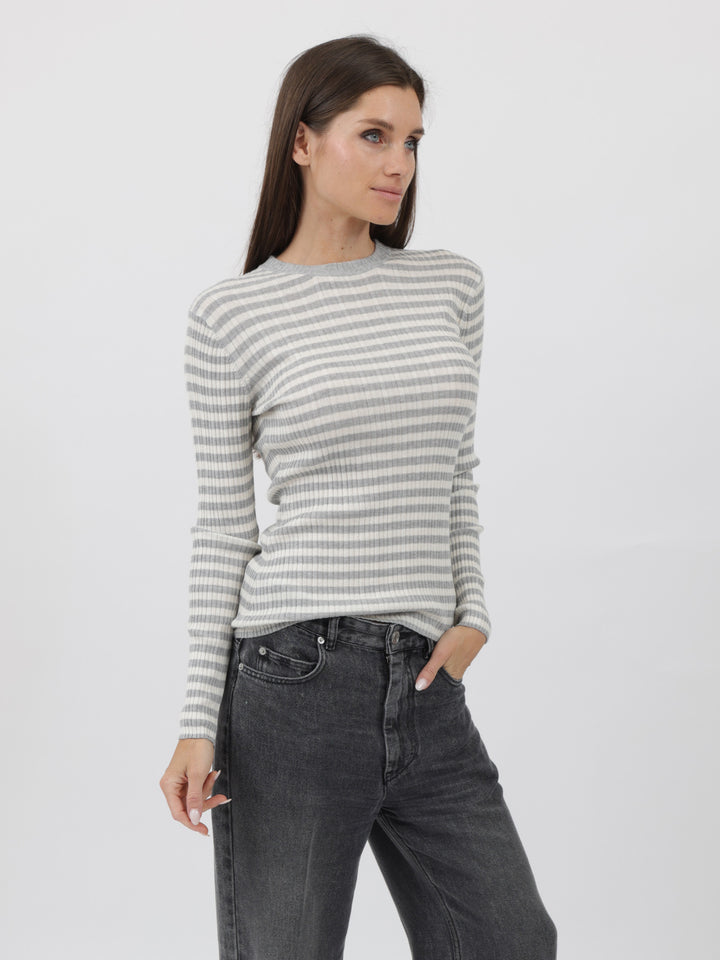 Striped and ribbed Silk/Cashmere crewneck light weight sweater  #SOFT GREY