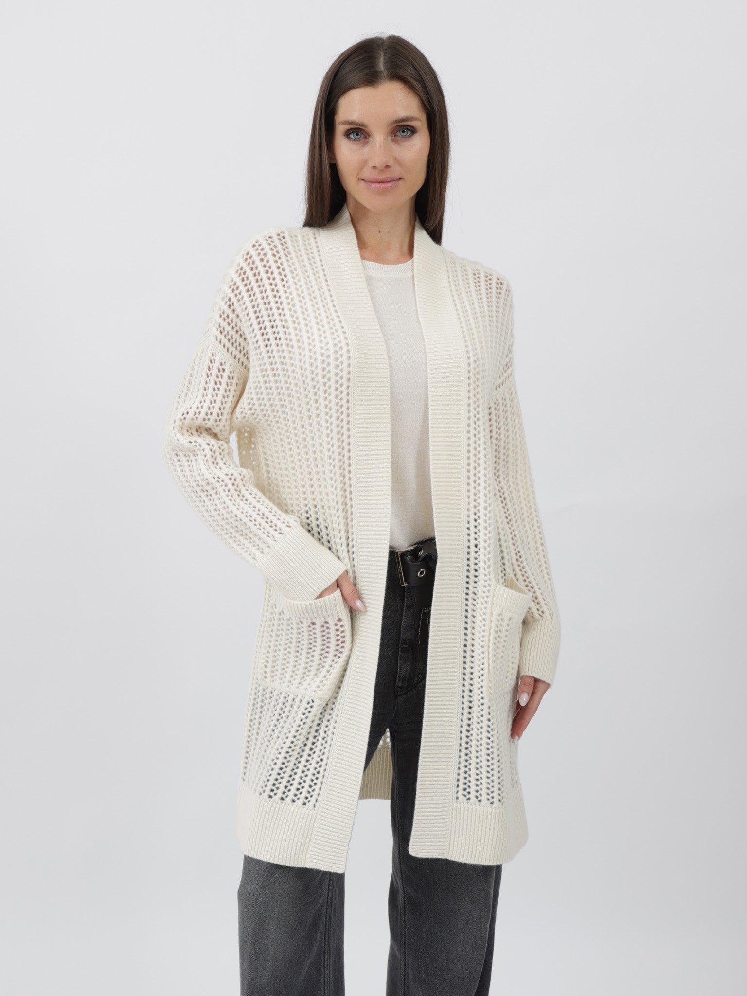 Cashmere Duster 3/4 length crochet stitching