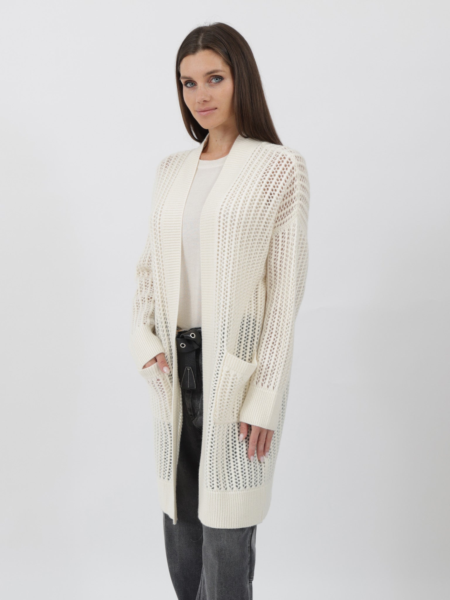 Cashmere Duster 3/4 length crochet stitching