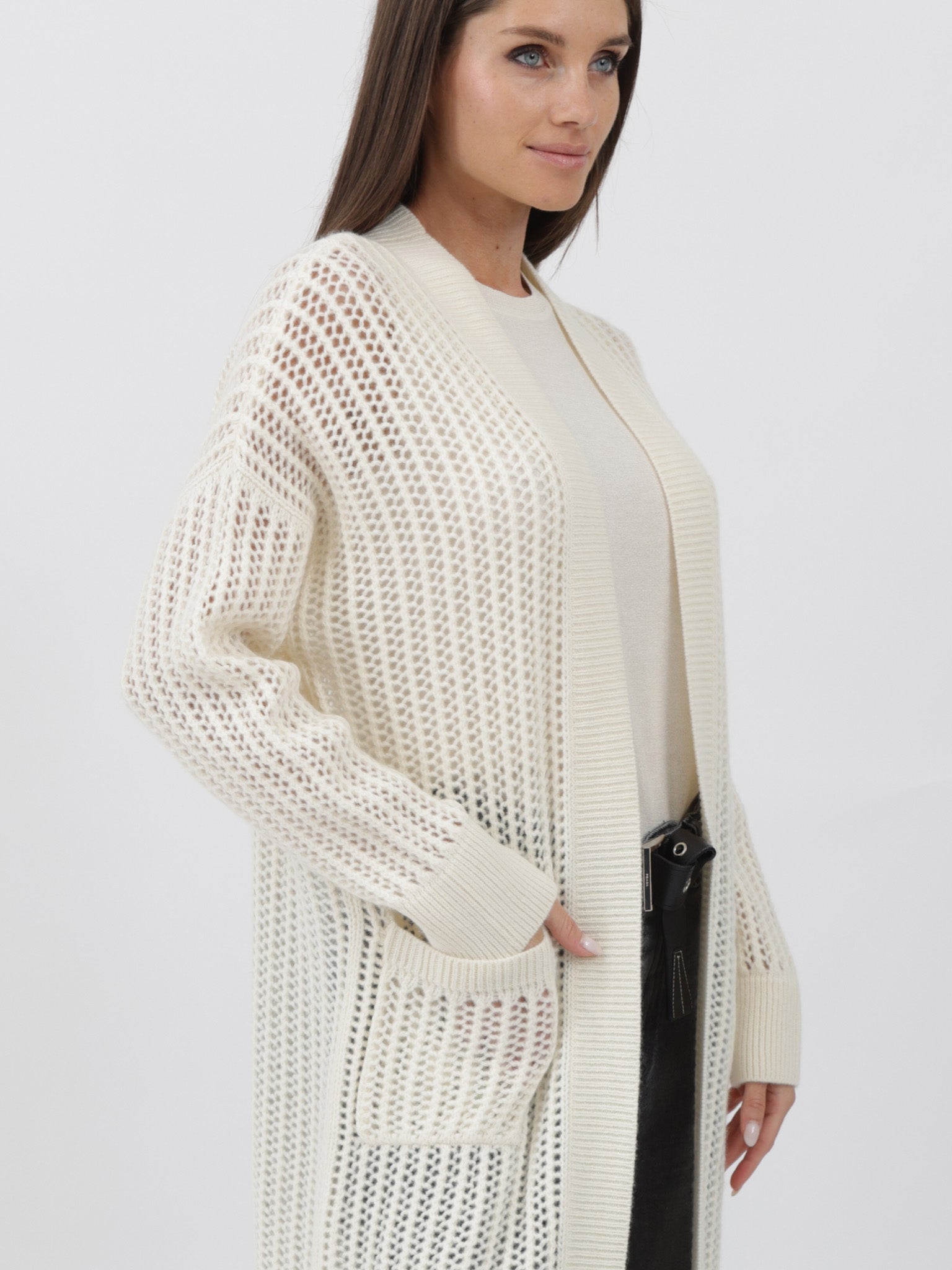 Cashmere Duster 3/4 length crochet stitching