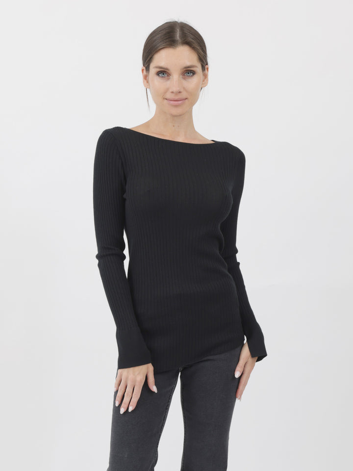 Ribbed Silk/Cashmere Boatneck slim Sweater with Diagonal Bottom Hem #BLACK