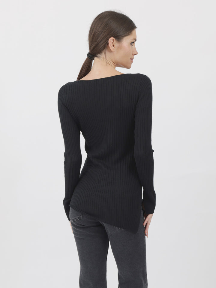 Ribbed Silk/Cashmere Boatneck slim Sweater with Diagonal Bottom Hem #BLACK