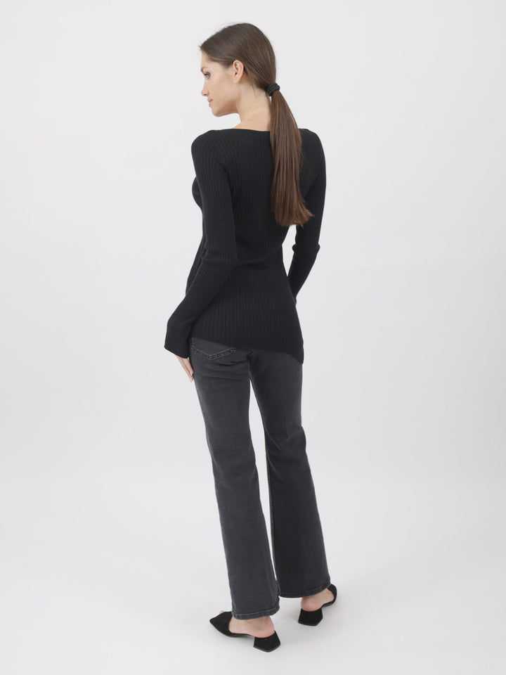 Ribbed Silk/Cashmere Boatneck slim Sweater with Diagonal Bottom Hem #BLACK