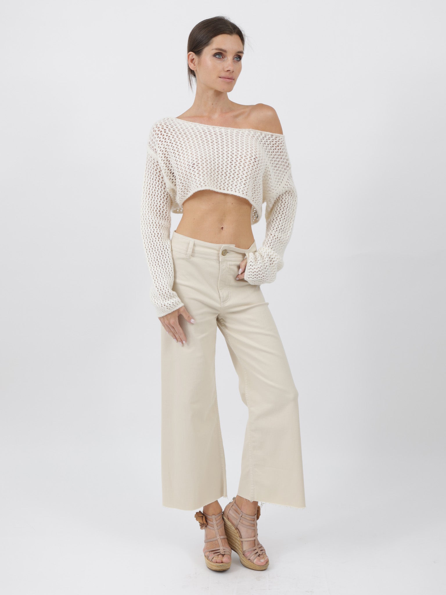 Cashmere Cropped Top with crochet stitching