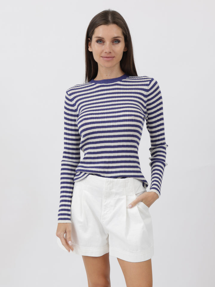 Striped and ribbed Silk/Cashmere crewneck light weight sweater #BLUE