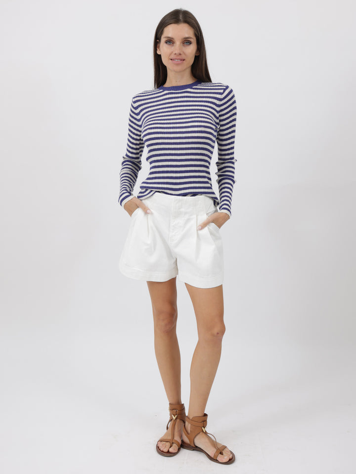 Striped and ribbed Silk/Cashmere crewneck light weight sweater #BLUE