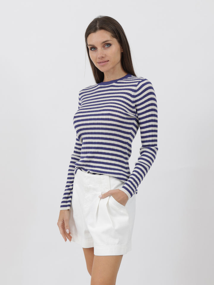 Striped and ribbed Silk/Cashmere crewneck light weight sweater #BLUE